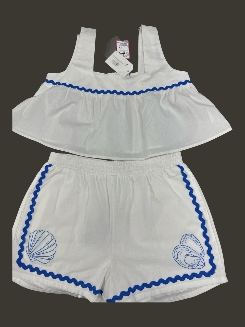 Junior White Two-Piece Shell-Trim Shorts Set - Blue Trim